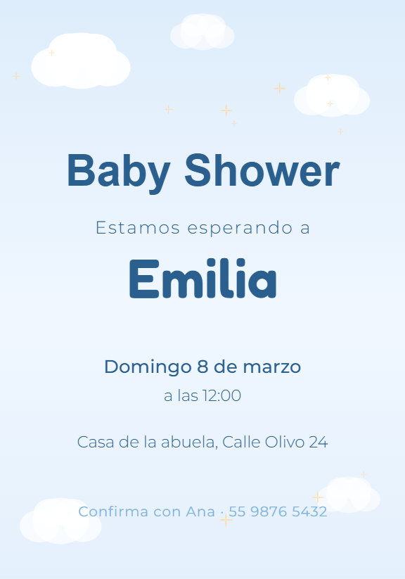 Invitación de baby shower en azul claro con nubes y estrellas, y el nombre del bebé en el centro