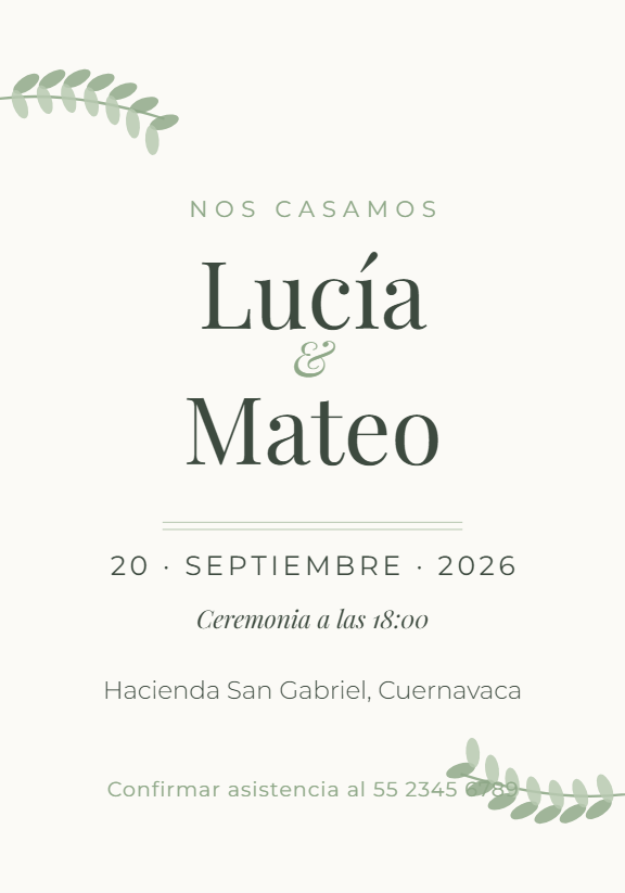 Invitación de boda en tonos crema con ramas verdes en dos esquinas y los nombres de los novios en el centro