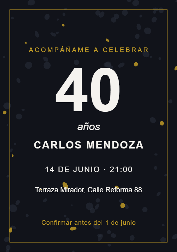 Invitación de cumpleaños para adultos sobre fondo negro, con el número 40 en grande y detalles dorados