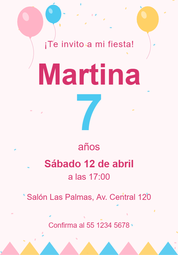 Invitación de cumpleaños infantil con globos de colores, confeti y banderines, con el nombre y la edad en el centro