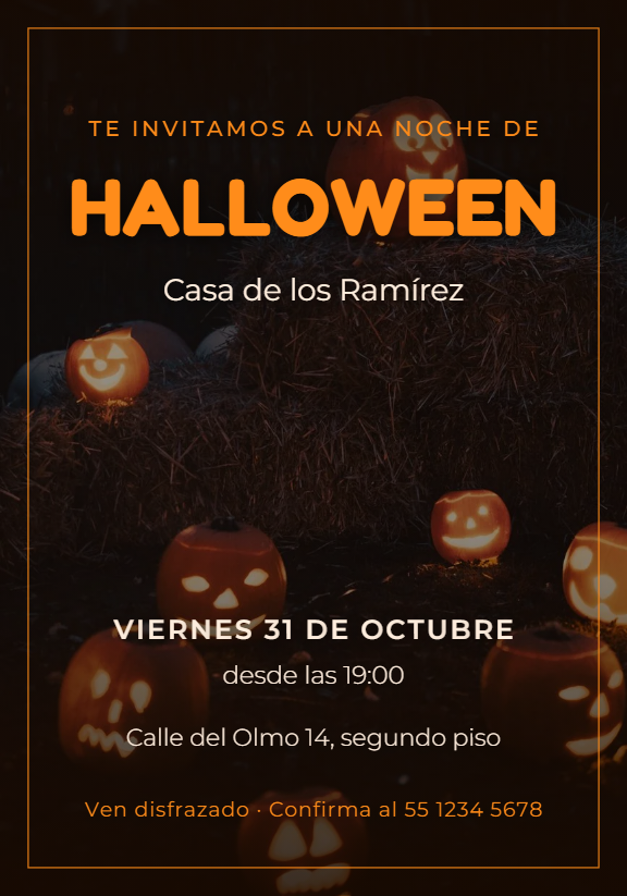 Invitación de Halloween sobre una foto de calabazas iluminadas de noche, con la fecha y la dirección