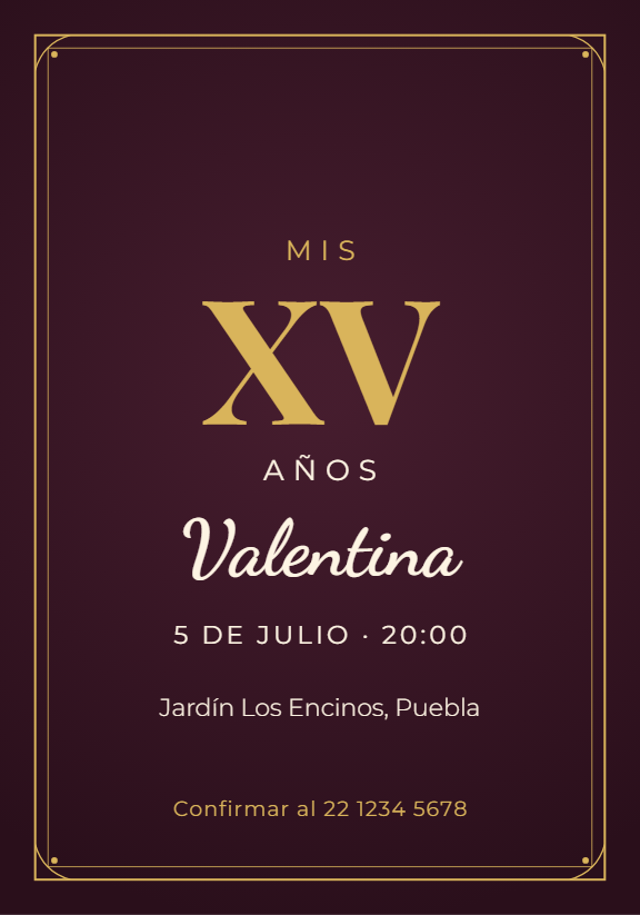 Invitación de XV años en color vino con el XV en dorado, marco fino y el nombre de la quinceañera